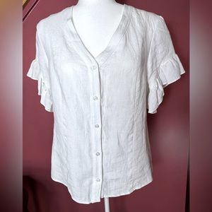 Drew Beverly White Linen Short Sleeve Top, Size Medium, NWT
